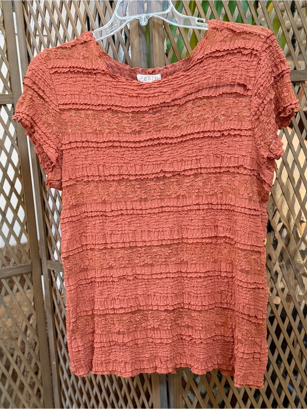 Festi for Torrid- Terracotta Stretch Lace Short Sleeve Women's Top